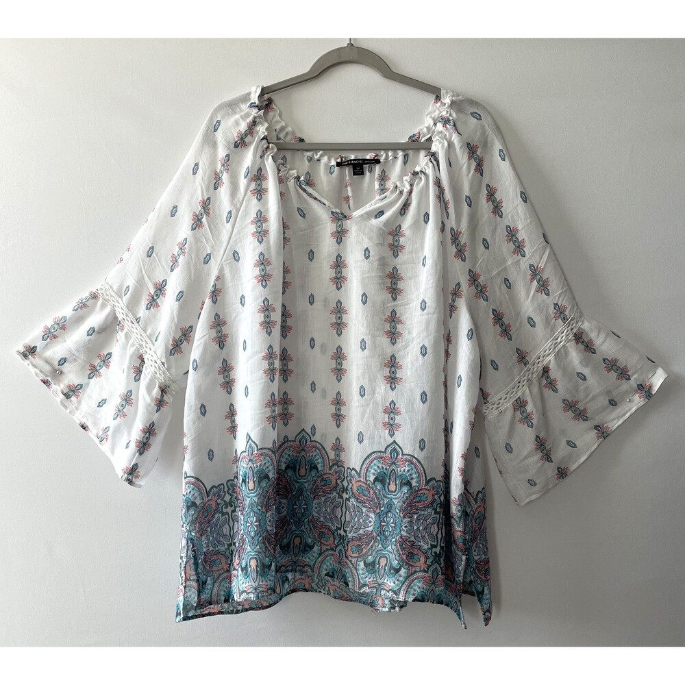 Zac & Rachel Woman Peasant Blouse Bell Sleeve Paisley White Size 2X - Picture 1 of 8